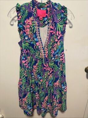 Lilly Pulitzer Floral Midi Two Front ButtonsDress Pink Green Blue Print Sz XS B1